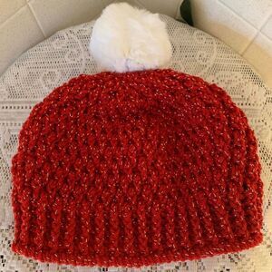 NEW! Festive Hand Crocheted Beanie Hat with pom pom Sparkle Winter Retro Tobogga